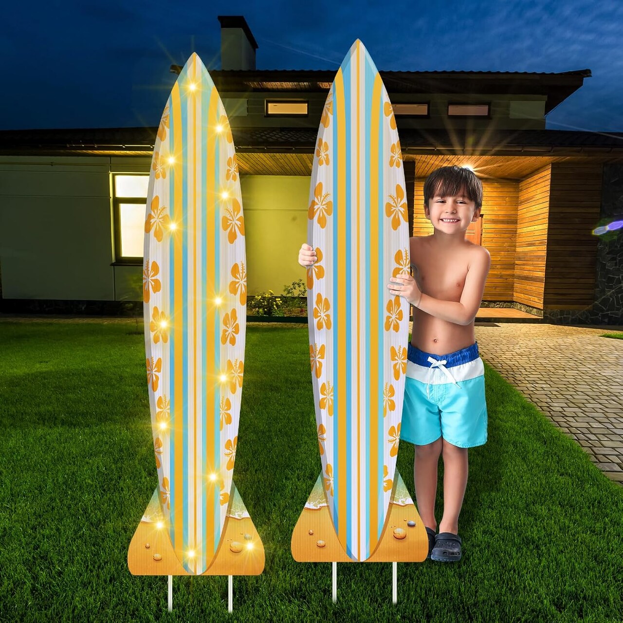 2 Pcs LED Surf Board Yard Signs with Stakes - Tropical Summer Lawn Sign Light up Hawaiian Outdoor Decor - Plastic Surfboard Sign with Stakes for Beach Pool Party Decor